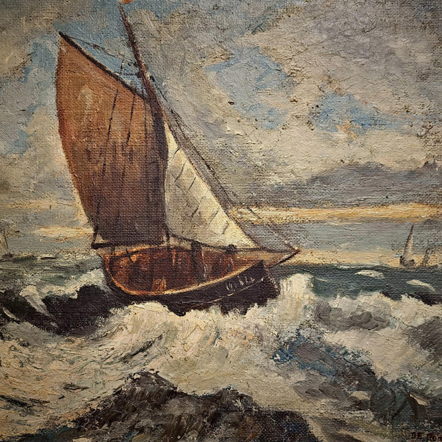 Antique French Seascape Oil Painting, Signed Marine Artwork, Fishing Boat in Storm, Framed Nautical Wall Decor, Original European Fine Art