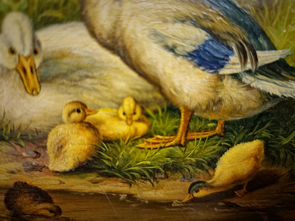 Antique Dutch Animal Oil Painting with Duck Family, Signed Artwork, Rustic Farmhouse Decor, Collectible Fine Art, Gold Framed Bird Wall Art