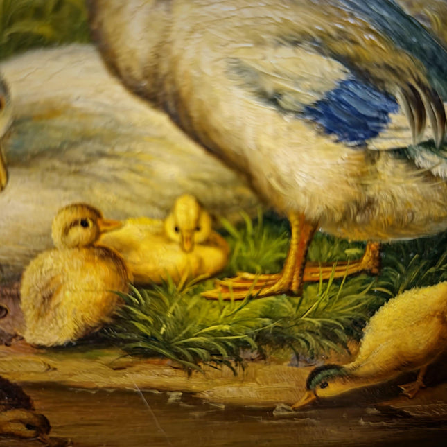 Antique Dutch Animal Oil Painting with Duck Family, Signed Artwork, Rustic Farmhouse Decor, Collectible Fine Art, Gold Framed Bird Wall Art