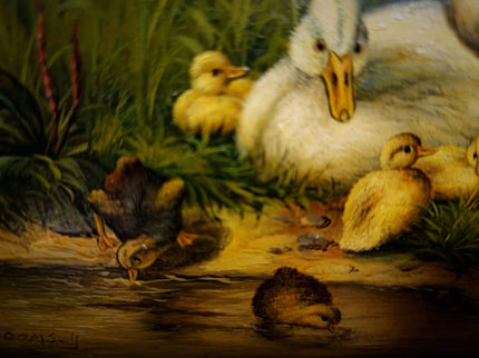 Antique Dutch Animal Oil Painting with Duck Family, Signed Artwork, Rustic Farmhouse Decor, Collectible Fine Art, Gold Framed Bird Wall Art