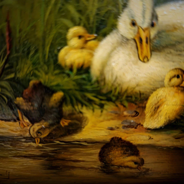Antique Dutch Animal Oil Painting with Duck Family, Signed Artwork, Rustic Farmhouse Decor, Collectible Fine Art, Gold Framed Bird Wall Art