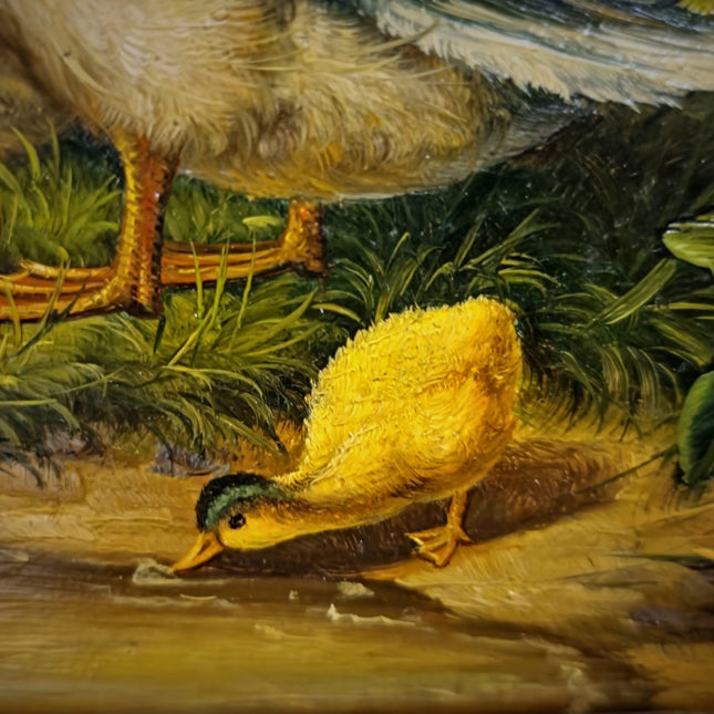 Antique Dutch Animal Oil Painting with Duck Family, Signed Artwork, Rustic Farmhouse Decor, Collectible Fine Art, Gold Framed Bird Wall Art