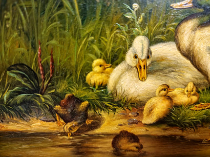 Antique Dutch Animal Oil Painting with Duck Family, Signed Artwork, Rustic Farmhouse Decor, Collectible Fine Art, Gold Framed Bird Wall Art