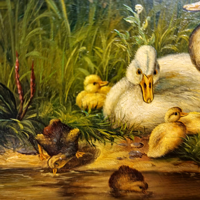 Antique Dutch Animal Oil Painting with Duck Family, Signed Artwork, Rustic Farmhouse Decor, Collectible Fine Art, Gold Framed Bird Wall Art