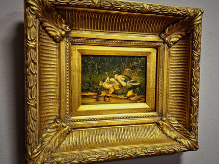 Antique Dutch Animal Oil Painting with Duck Family, Signed Artwork, Rustic Farmhouse Decor, Collectible Fine Art, Gold Framed Bird Wall Art