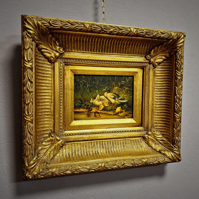 Antique Dutch Animal Oil Painting with Duck Family, Signed Artwork, Rustic Farmhouse Decor, Collectible Fine Art, Gold Framed Bird Wall Art