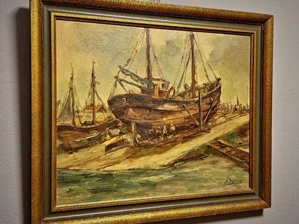 Antique Belgian Harbor Oil Painting, Signed Marine Fishing Boat Scene, Original Maritime Artwork, Nautical Wall Decor, Unique Gift