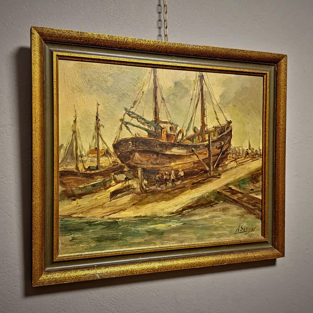 Antique Belgian Harbor Oil Painting, Signed Marine Fishing Boat Scene, Original Maritime Artwork, Nautical Wall Decor, Unique Gift