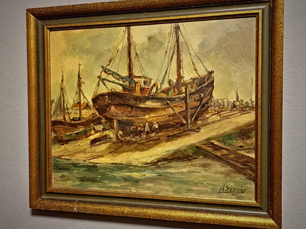 Antique Belgian Harbor Oil Painting, Signed Marine Fishing Boat Scene, Original Maritime Artwork, Nautical Wall Decor, Unique Gift