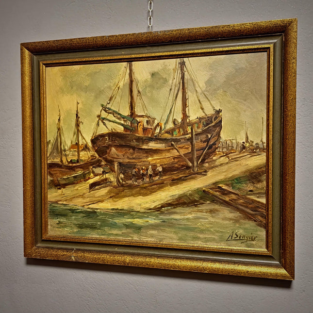 Antique Belgian Harbor Oil Painting, Signed Marine Fishing Boat Scene, Original Maritime Artwork, Nautical Wall Decor, Unique Gift