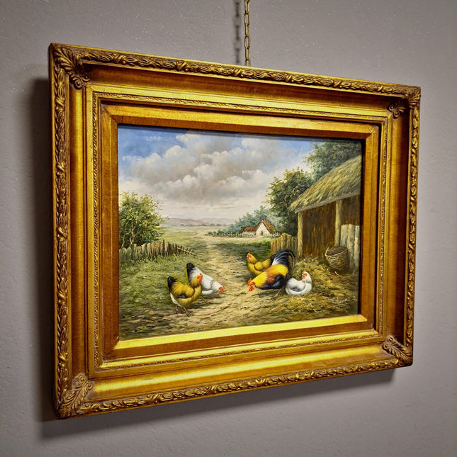Vintage Farmyard Oil Painting, Signed Artwork with Rooster and Hens, Gold Framed Wall Art, Rustic Pastoral Scene, European Fine Home Decor