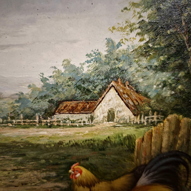Vintage Farmyard Oil Painting, Signed Artwork with Rooster and Hens, Gold Framed Wall Art, Rustic Pastoral Scene, European Fine Home Decor