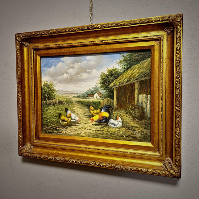 Vintage Farmyard Oil Painting, Signed Artwork with Rooster and Hens, Gold Framed Wall Art, Rustic Pastoral Scene, European Fine Home Decor