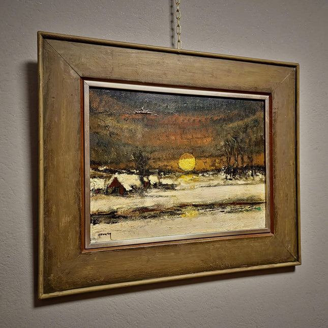 Vintage Belgian Winter Landscape Oil Painting, Signed Sunset Snow Scene Artwork, Mid-Century Framed Wall Decor, Original European Fine Art