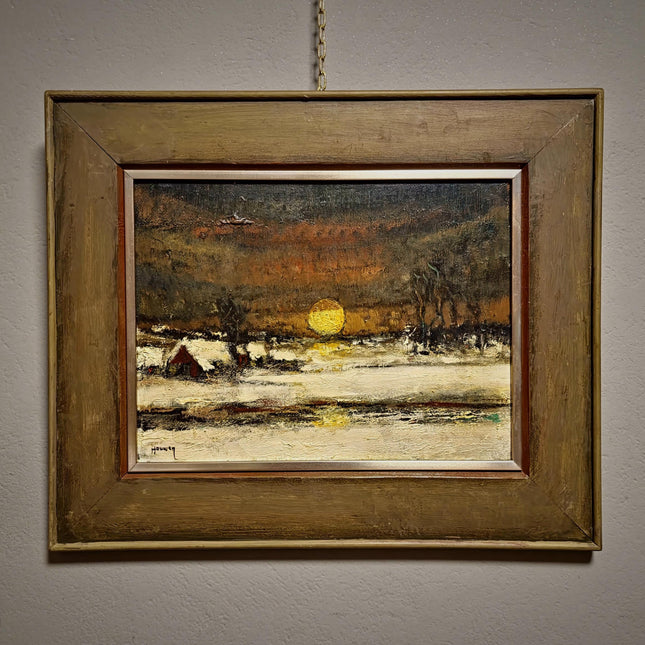 Vintage Belgian Winter Landscape Oil Painting, Signed Sunset Snow Scene Artwork, Mid-Century Framed Wall Decor, Original European Fine Art