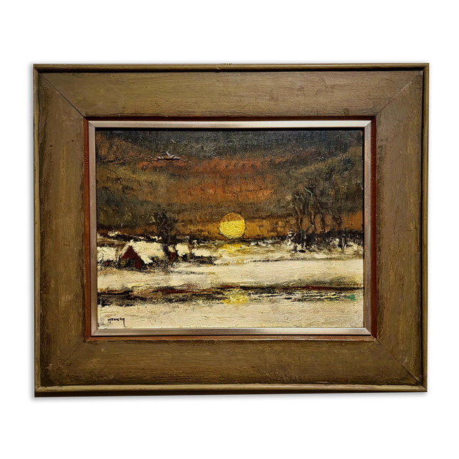 Vintage Belgian Winter Landscape Oil Painting, Signed Sunset Snow Scene Artwork, Mid-Century Framed Wall Decor, Original European Fine Art
