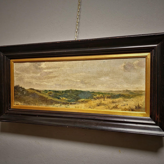 Antique Belgian 19th Century Landscape Oil Painting, Signed Panoramic Hunter Scene, Framed Museum Quality Original Fine Art Masterpiece