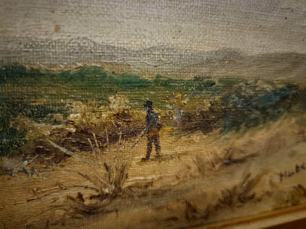 Antique Belgian 19th Century Landscape Oil Painting, Signed Panoramic Hunter Scene, Framed Museum Quality Original Fine Art Masterpiece