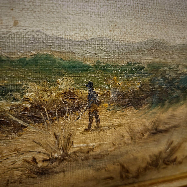 Antique Belgian 19th Century Landscape Oil Painting, Signed Panoramic Hunter Scene, Framed Museum Quality Original Fine Art Masterpiece