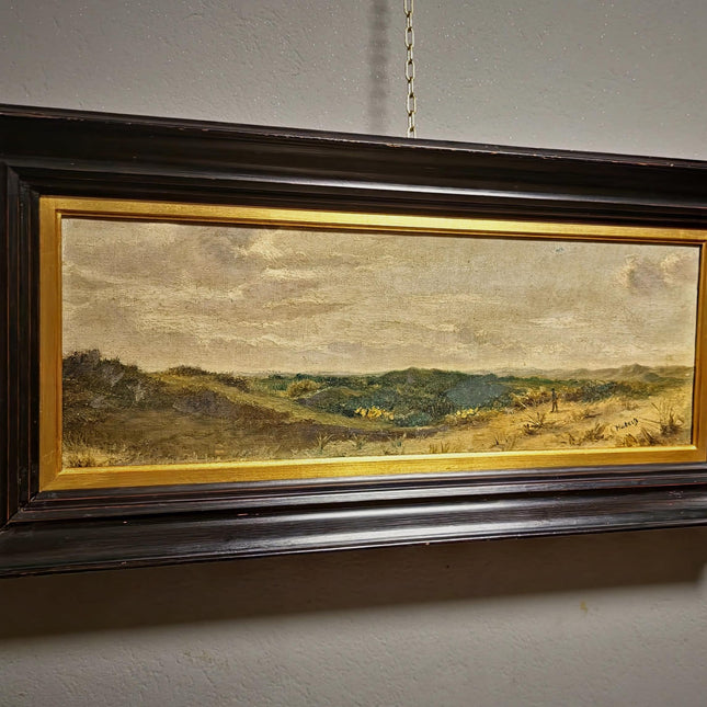 Antique Belgian 19th Century Landscape Oil Painting, Signed Panoramic Hunter Scene, Framed Museum Quality Original Fine Art Masterpiece
