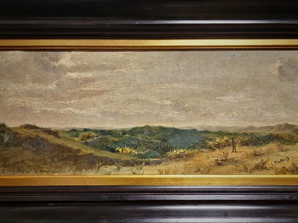 Antique Belgian 19th Century Landscape Oil Painting, Signed Panoramic Hunter Scene, Framed Museum Quality Original Fine Art Masterpiece