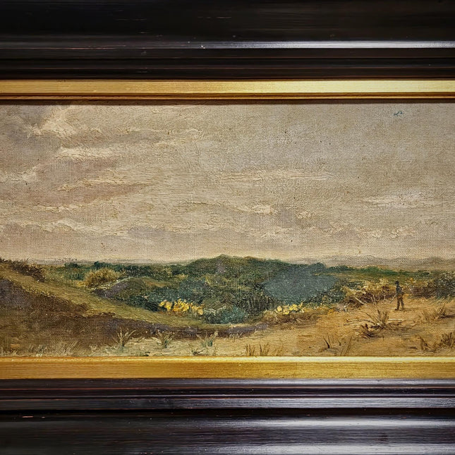 Antique Belgian 19th Century Landscape Oil Painting, Signed Panoramic Hunter Scene, Framed Museum Quality Original Fine Art Masterpiece