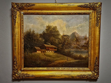 Antique French Alpine Landscape Oil Painting, 19th Century Artwork, Signed Romantic Pastoral Scene on Canvas, Gilt Framed Original Fine Art