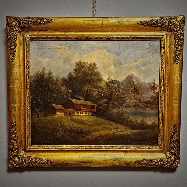 Antique French Alpine Landscape Oil Painting, 19th Century Artwork, Signed Romantic Pastoral Scene on Canvas, Gilt Framed Original Fine Art