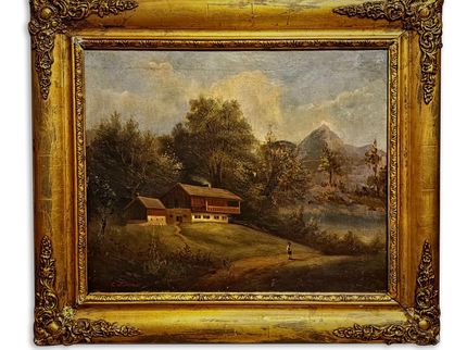 Antique French Alpine Landscape Oil Painting, 19th Century Artwork, Signed Romantic Pastoral Scene on Canvas, Gilt Framed Original Fine Art