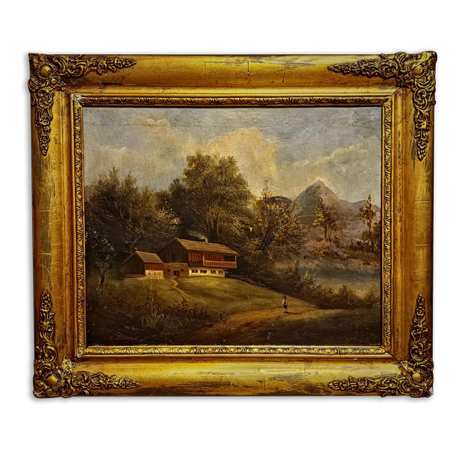 Antique French Alpine Landscape Oil Painting, 19th Century Artwork, Signed Romantic Pastoral Scene on Canvas, Gilt Framed Original Fine Art