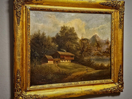 Antique French Alpine Landscape Oil Painting, 19th Century Artwork, Signed Romantic Pastoral Scene on Canvas, Gilt Framed Original Fine Art