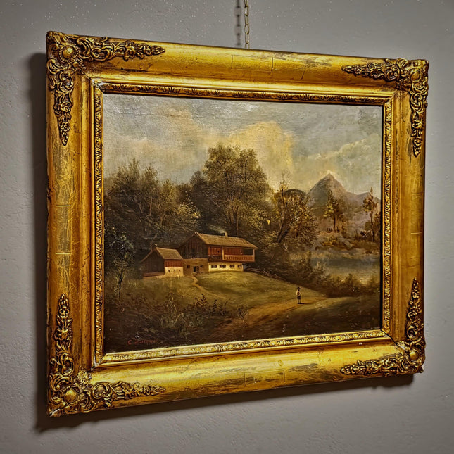 Antique French Alpine Landscape Oil Painting, 19th Century Artwork, Signed Romantic Pastoral Scene on Canvas, Gilt Framed Original Fine Art