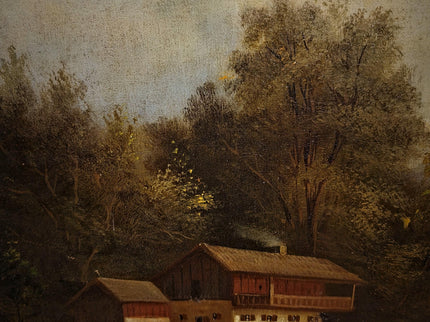 Antique French Alpine Landscape Oil Painting, 19th Century Artwork, Signed Romantic Pastoral Scene on Canvas, Gilt Framed Original Fine Art