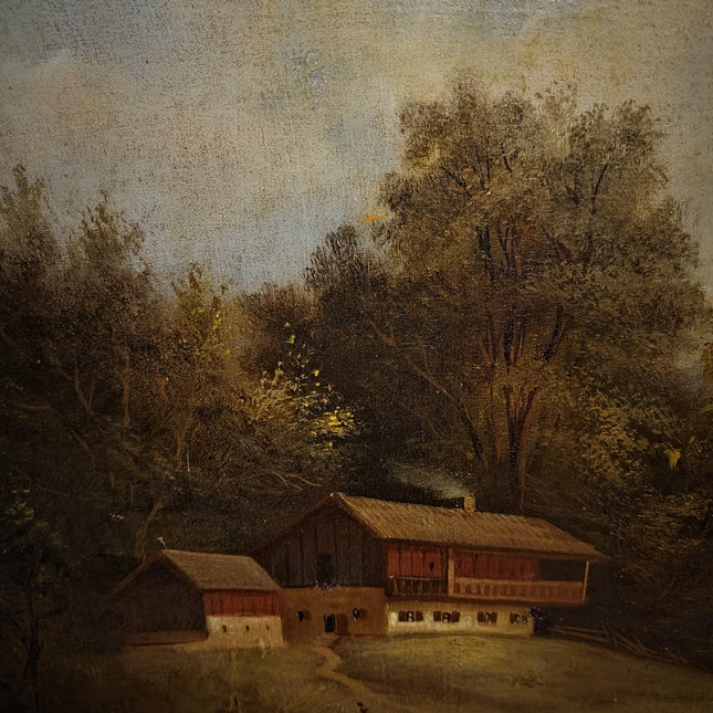 Antique French Alpine Landscape Oil Painting, 19th Century Artwork, Signed Romantic Pastoral Scene on Canvas, Gilt Framed Original Fine Art