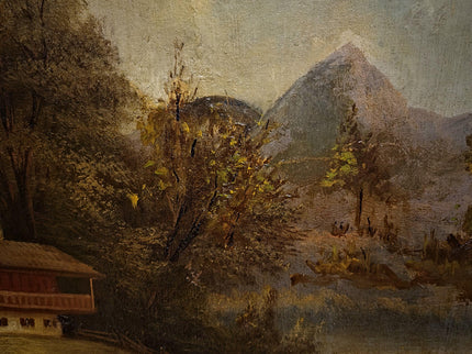Antique French Alpine Landscape Oil Painting, 19th Century Artwork, Signed Romantic Pastoral Scene on Canvas, Gilt Framed Original Fine Art