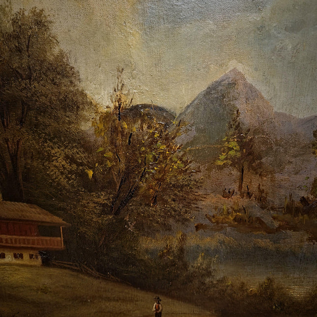 Antique French Alpine Landscape Oil Painting, 19th Century Artwork, Signed Romantic Pastoral Scene on Canvas, Gilt Framed Original Fine Art