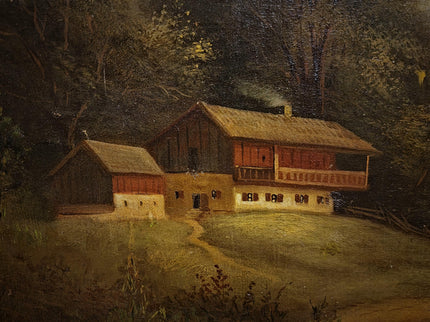 Antique French Alpine Landscape Oil Painting, 19th Century Artwork, Signed Romantic Pastoral Scene on Canvas, Gilt Framed Original Fine Art