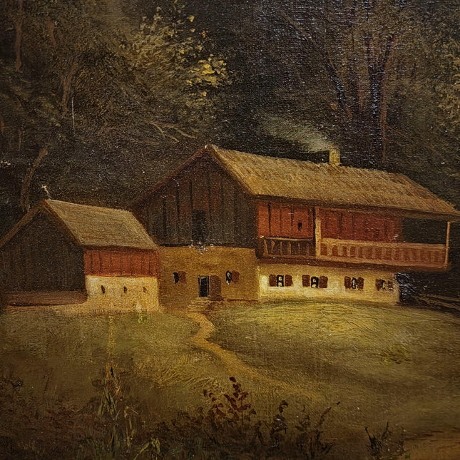 Antique French Alpine Landscape Oil Painting, 19th Century Artwork, Signed Romantic Pastoral Scene on Canvas, Gilt Framed Original Fine Art