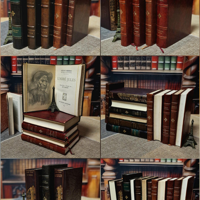 Antique French Leather Bound Books, 17th–20th Century, Dark Academia Bookshelf Decor, Vintage Library Collection for Interior Design