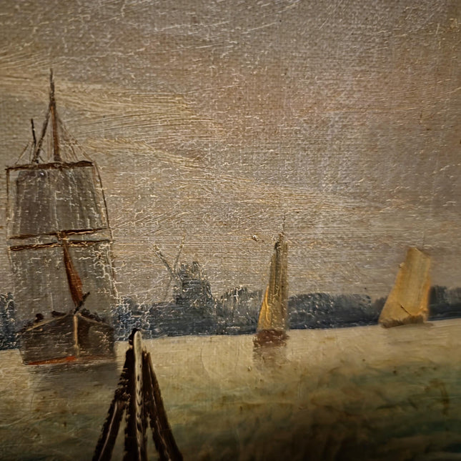 Antique Maritime Oil Painting, German Harbor Scene, 19th Century Ship Artwork, Signed Marine Canvas Gold Framed Wall Art Nautical Home Decor
