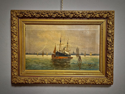 Antique Maritime Oil Painting, German Harbor Scene, 19th Century Ship Artwork, Signed Marine Canvas Gold Framed Wall Art Nautical Home Decor