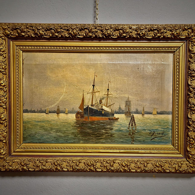Antique Maritime Oil Painting, German Harbor Scene, 19th Century Ship Artwork, Signed Marine Canvas Gold Framed Wall Art Nautical Home Decor