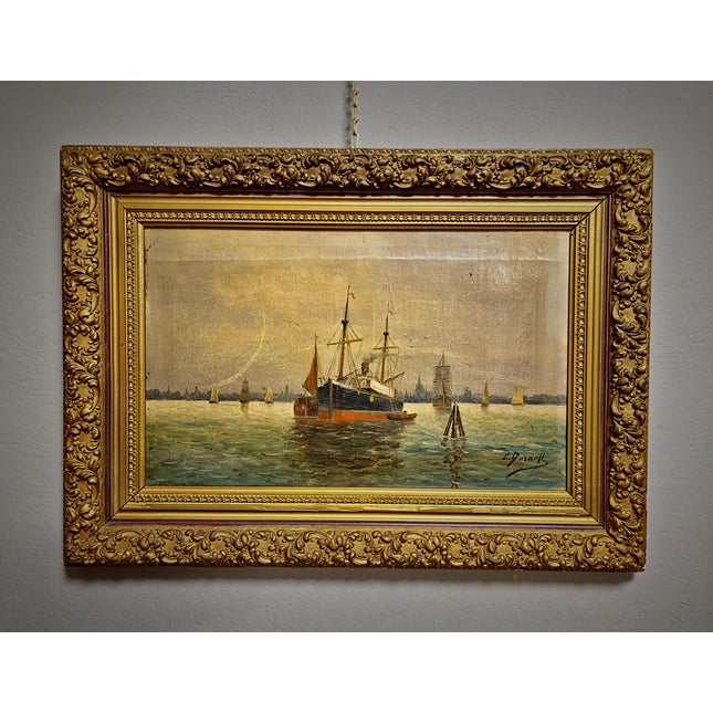 Antique Maritime Oil Painting, German Harbor Scene, 19th Century Ship Artwork, Signed Marine Canvas Gold Framed Wall Art Nautical Home Decor