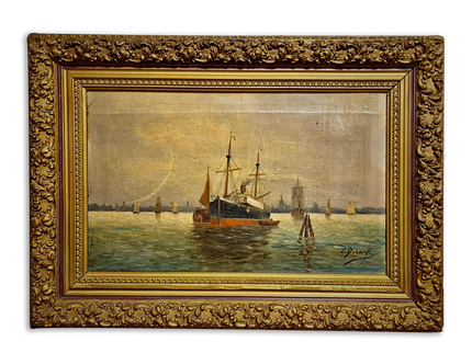 Antique Maritime Oil Painting, German Harbor Scene, 19th Century Ship Artwork, Signed Marine Canvas Gold Framed Wall Art Nautical Home Decor