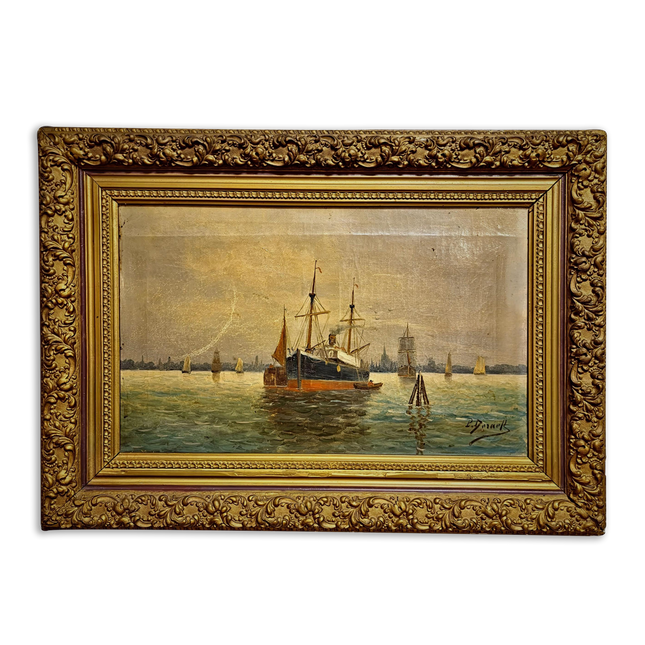 Antique Maritime Oil Painting, German Harbor Scene, 19th Century Ship Artwork, Signed Marine Canvas Gold Framed Wall Art Nautical Home Decor