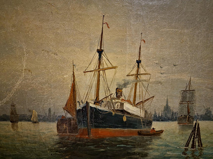 Antique Maritime Oil Painting, German Harbor Scene, 19th Century Ship Artwork, Signed Marine Canvas Gold Framed Wall Art Nautical Home Decor