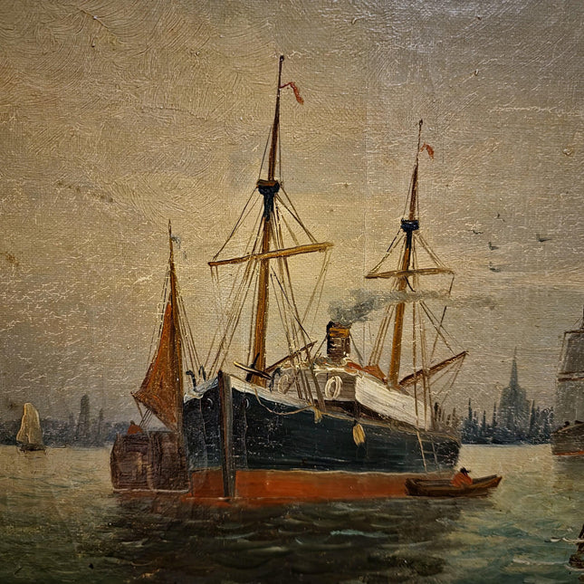 Antique Maritime Oil Painting, German Harbor Scene, 19th Century Ship Artwork, Signed Marine Canvas Gold Framed Wall Art Nautical Home Decor