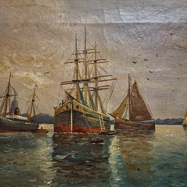 Antique Marine Oil Painting, 19th Century Seascape with Sailing Ship, Signed Nautical Artwork, Gold Framed Ocean Scene, Vintage Wall Decor