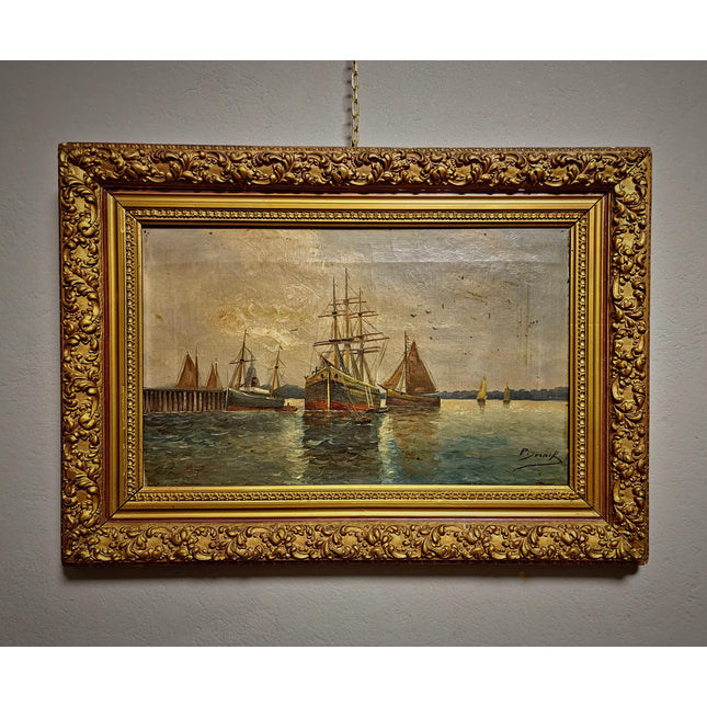 Antique Marine Oil Painting, 19th Century Seascape with Sailing Ship, Signed Nautical Artwork, Gold Framed Ocean Scene, Vintage Wall Decor