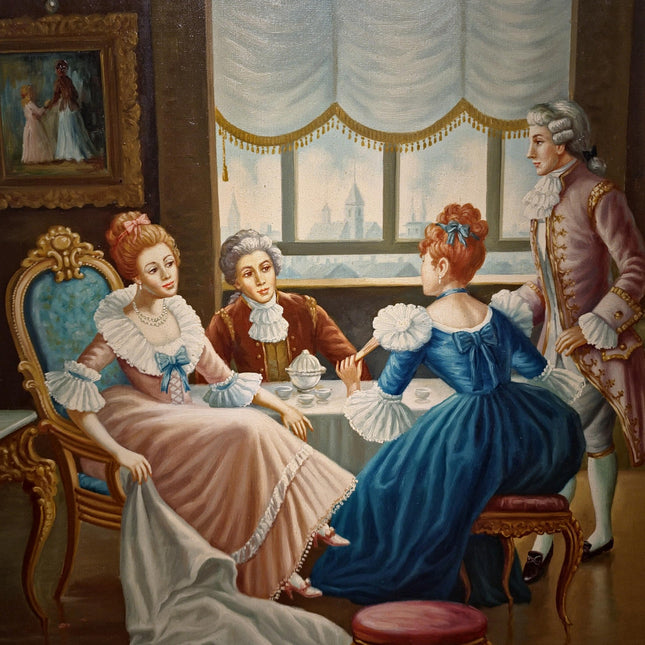 Large Vintage French Rococo Style Oil Painting, Signed Original Artwork, Parisian Genre Scene, Ornate Gilt Framed Mid-Century Wall Art